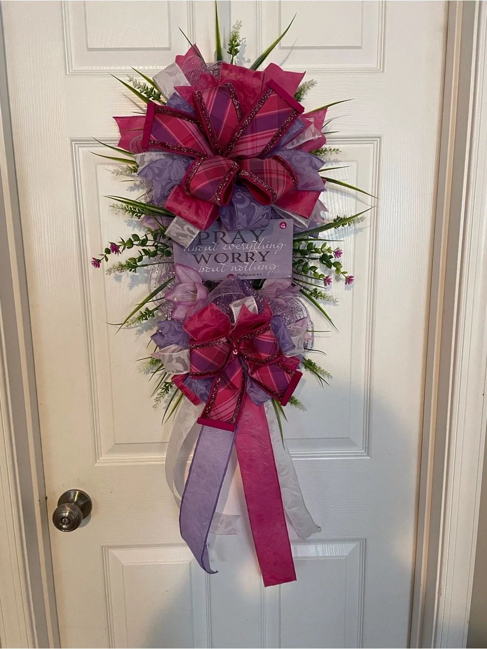 Home Holiday Pink & Purple Ribbon Door Swag with Floral Accents